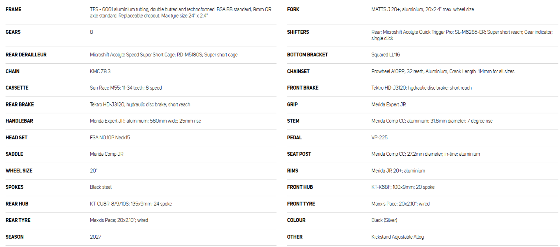 Merida 20 Matts J Specs